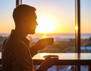 Man Enjoying Coffee At Sunrise View