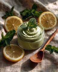 Angled View of Green Clay Mask Jar with Wooden Spoon, Lemon and Mint Sprigs