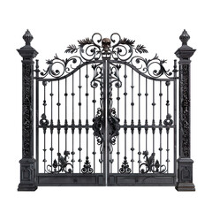 Ornate black wrought iron gate with skull detail isolated on transparent background