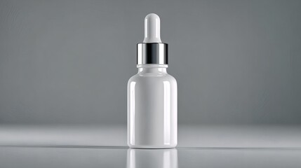 Glossy White Serum Dropper Bottle on Gray Surface