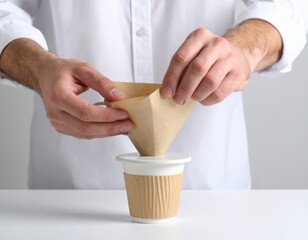 Hands Preparing Coffee Filter Over Disposable Cup