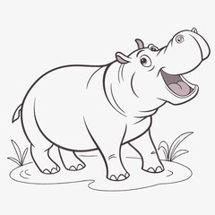 Cheerful hippopotamus standing in water with mouth open cartoon animal