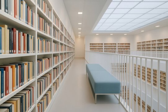 Long corridor with bookshelves and a blue modern bench in a public library