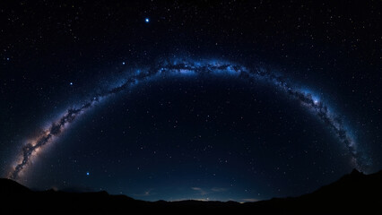 Night sky panorama showing the Milky Way arching across a dark blue expanse with numerous stars and a silhouetted mountain range