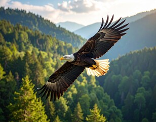 Majestic eagle soaring over lush green forest