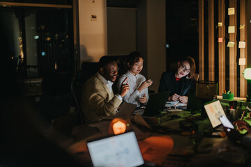 Multicultural colleagues engage in intense brainstorming and strategizing. The team works together...