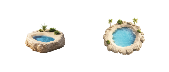 Two natural rock pools with clear blue water and green plants on top