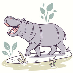 Happy hippopotamus walking in grassy area animal cartoon