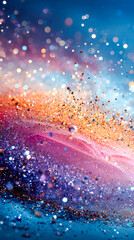 Glitter particles exploding creating a colorful bokeh effect on a rainbow gradient background