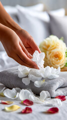 Hotel maid preparing white rose petals for a romantic night decoration on a bed, with a bouquet of roses in the background