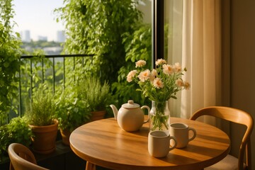 Morning tea on a balcony with flowers and green plants enjoying city view