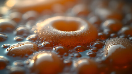 Abstract macro photography showcasing droplets and bubbles on a textured surface with soft focus