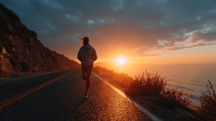Woman running along coastal road du sunset with scenic ocean view, rugged cliffs, and vibrant sky, captu outdoor activity, adventure, and nature exploration