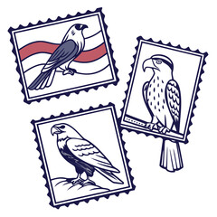 Three postage stamps featuring birds falcons eagles