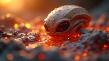 Close up of a curious alien creature emerging from a fiery landscape on another planet
