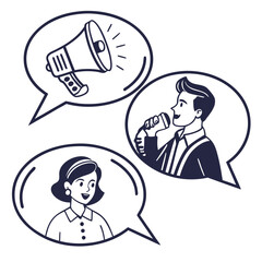 People talking with megaphone and microphone icons speech bubbles communication