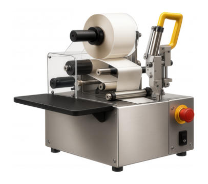 Semi-automatic labeling machine with a manual feed table and pneumatic applicator for small batch labeling in artisan food production