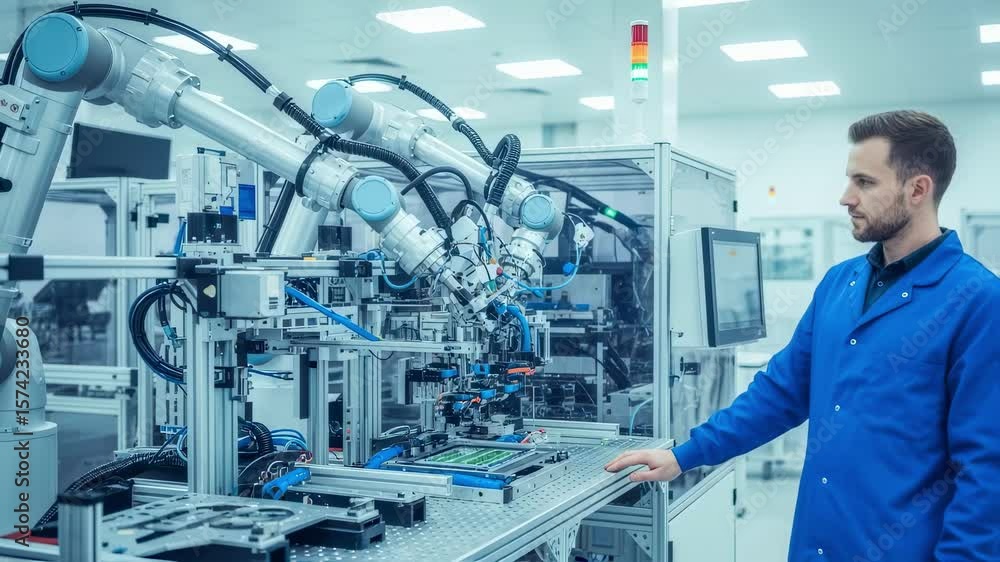 Poster engineer in a blue lab coat monitors and controls robotic arms assembling circuit boards in a modern