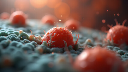 Detailed microscopic view of cancer cells with spikes, showcasing the complexity of biological structures and cellular processes