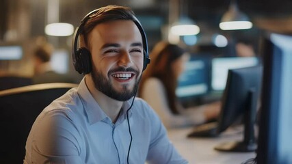 A man wearing a headset is smiling - Powered by Adobe