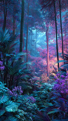 Fog is covering a surreal fantasy forest with lush vegetation in pink and purple colors