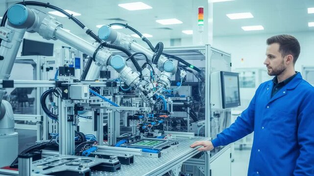Engineer in a blue lab coat monitors and controls robotic arms assembling circuit boards in a modern, automated factory, showcasing the integration of human expertise and advanced technology