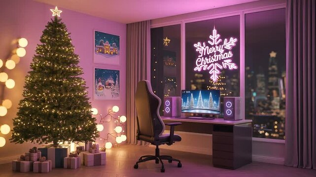 festive gaming room setup with christmas tree at night. 4K Video
