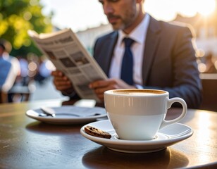 Businessman Reading Newspaper Over Coffee In Outdoor Cafe