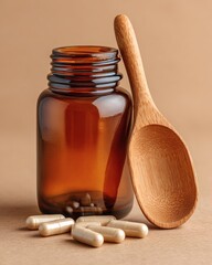 Rustic Amber Jar of Natural Herbal Capsules on Neutral Backdrop