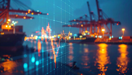 Global Trade in Real-Time: Rain-Slicked Port Illuminated by Floating Economic Data
