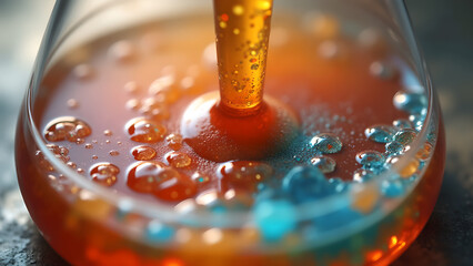 Close up shot of a science experiment liquid mixing in a glass container with bubbles