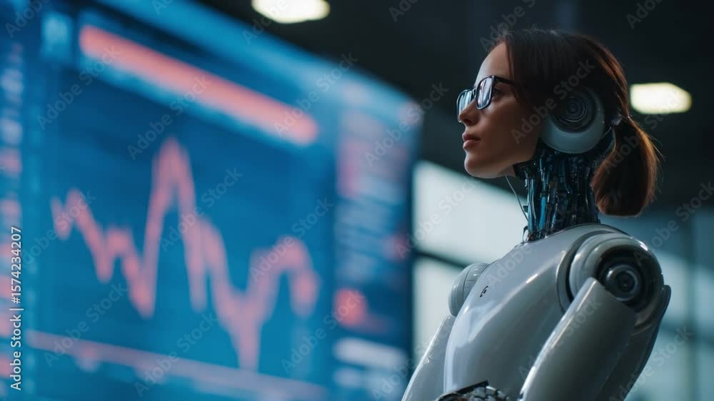 Poster technological insight: a realistic depiction of a female cyborg observes a complex data chart on a l