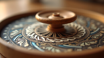 An old wooden box with intricate decorative lid design and handle displaying cultural heritage for home décor