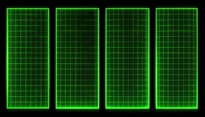Four glowing green grid squares on black background