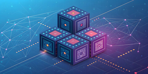 Four glowing cubes with circuits form a network on a digital background