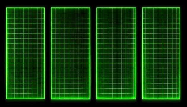 Four glowing green grid squares on black background