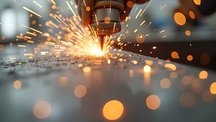 Captivating close up of laser cutting with bright sparks flying and blurred bokeh background showcasing precision and craftsmanship