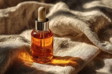 Amber Glass Dropper Bottle of Golden Serum on Textured Linen