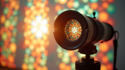 A mesmerizing kaleidoscope projector displays an intricate pattern of light and color illumination and imagination