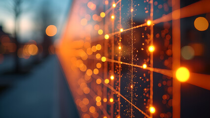 Abstract background with glowing orange lights and grid lines creating a modern technology feel and atmosphere