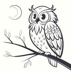 Stylized owl perched on a branch under a crescent moon night nature