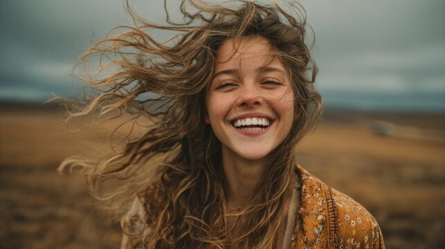 Joyful young woman with long curly hair smiling outdoors on a windy day in a vast open landscape with cloudy sky and earthy tones, captu happiness and natural beauty - Powered by Adobe
