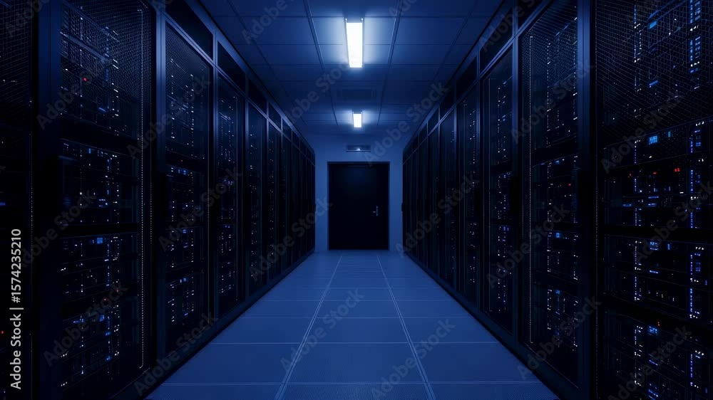 Poster long corridor in a server room filled with numerous data cabinets, operating through the night and c