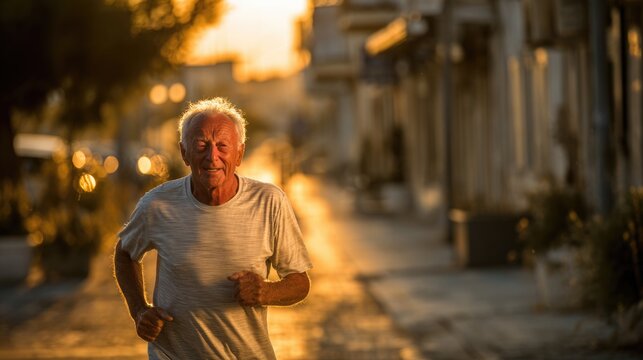 Elderly woman jogging on residential street du sunset, wea comfortable sportswear, enjoying outdoor exercise in a peaceful neighborhood environment - Powered by Adobe