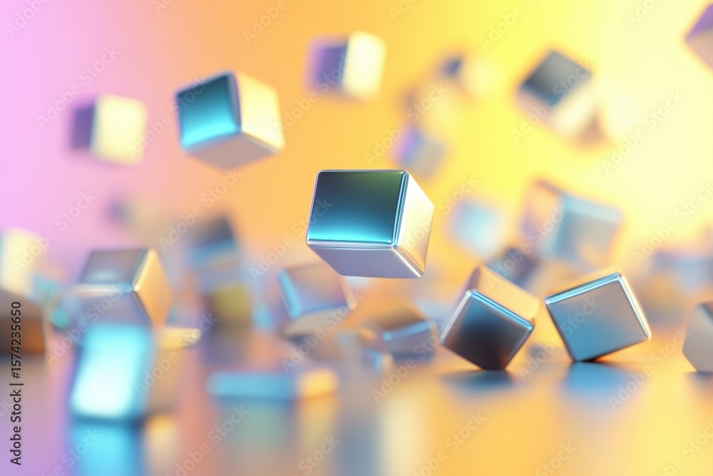 Poster abstract design with floating cubes in pastel colors.