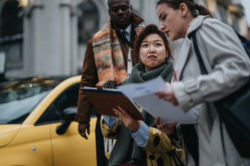 Business people discussing paperwork outside near a city street. The scene includes teamwork,...