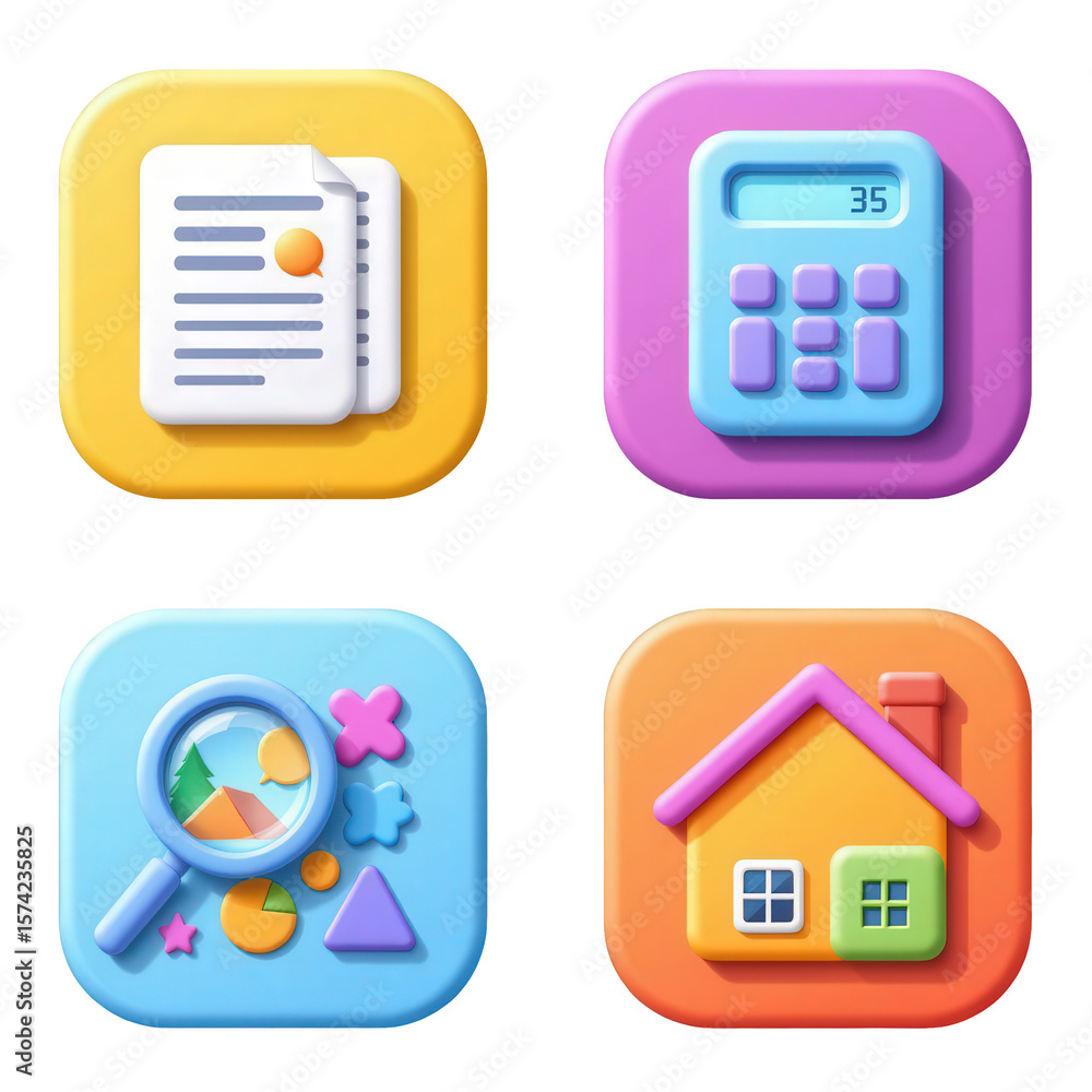 Poster colorful and playful icons for productivity and learning applications and software interfaces