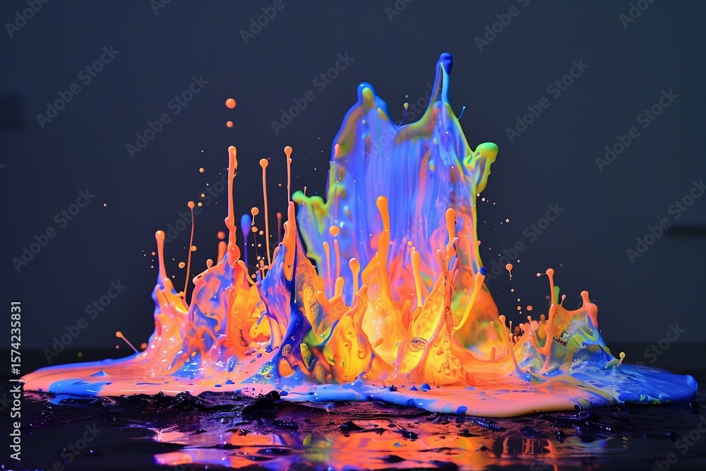 Poster brightly colored paint splashing and mixing together, creating interesting shapes and patterns