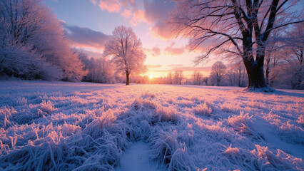 Winter landscape with frosted trees and grass illuminated by a pink and orange sunset sky over a snow-covered field