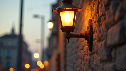 Illuminating the Dusk: A Street Light's Warm Glow Against a Textured Brick Wall in City